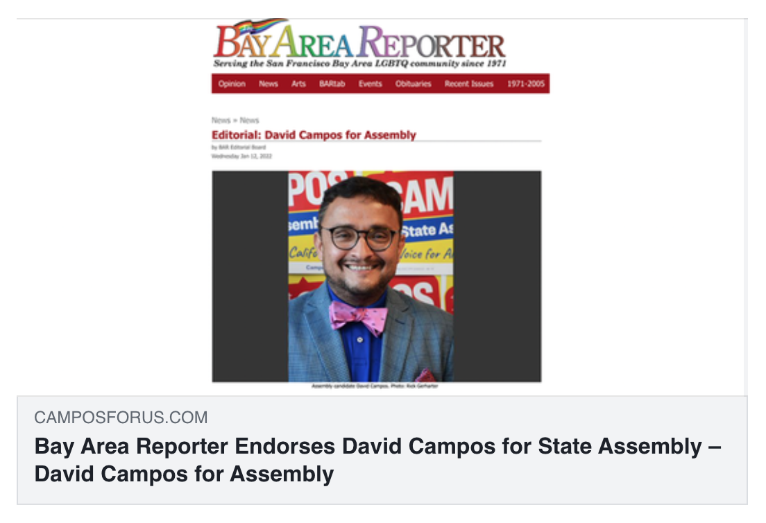 Bay Area Reporter Endorses David Campos For State Assembly David Campos For Assembly 